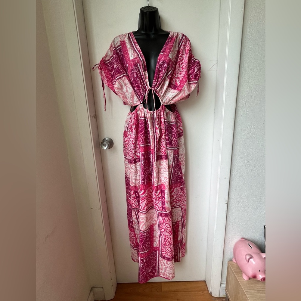 Zara Long Patchwork Print Cut Out Dress Pink White size L - Picture 4 of 10